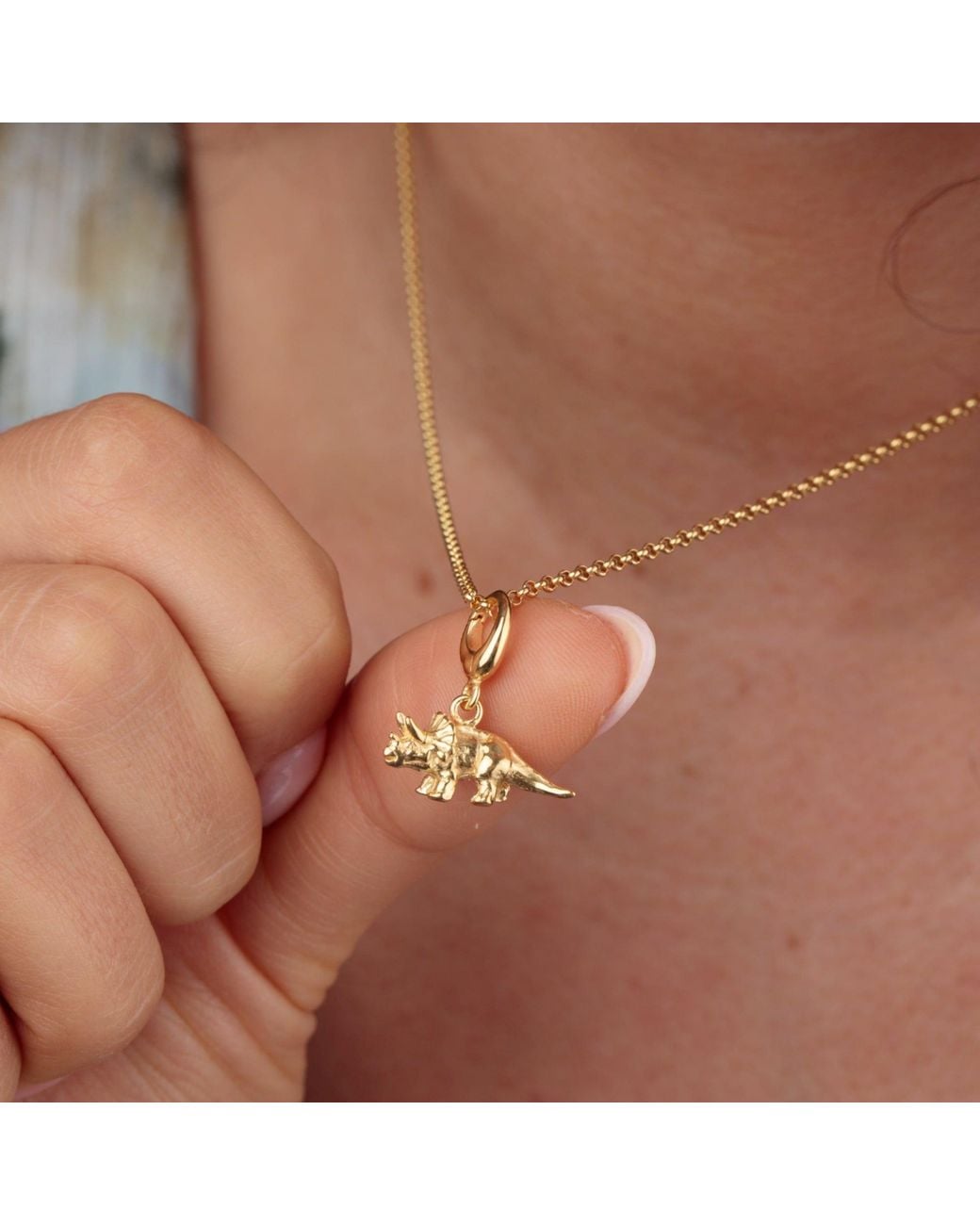 Lily Charmed Metallic Plated Triceratops Dinosaur Charm Necklace