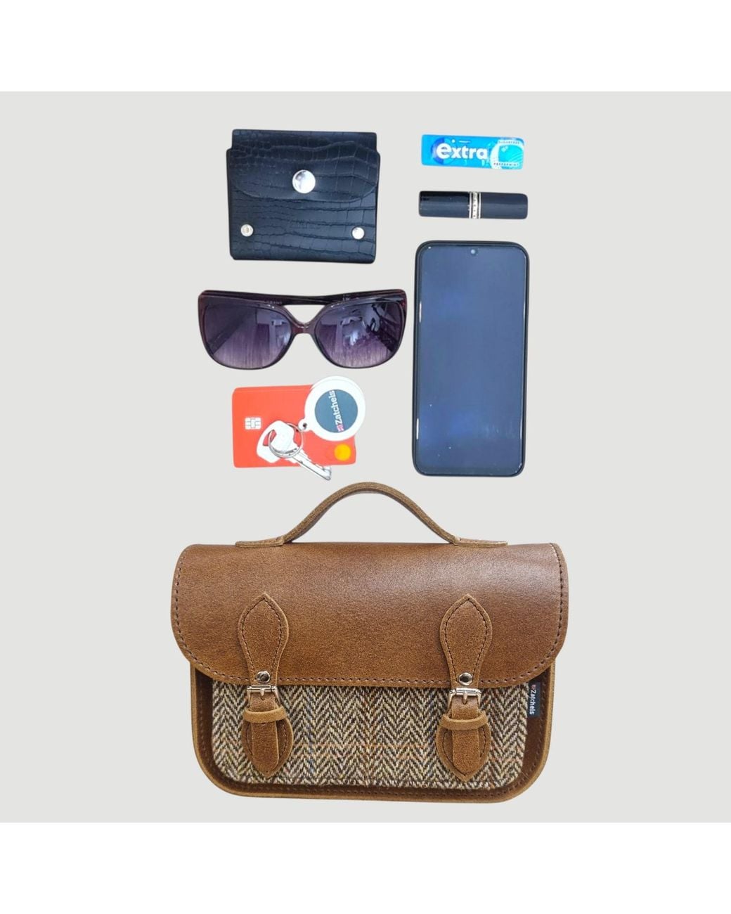 Zatchels Brown Midi Tannery & Tweed Crossbody Leather Satchel