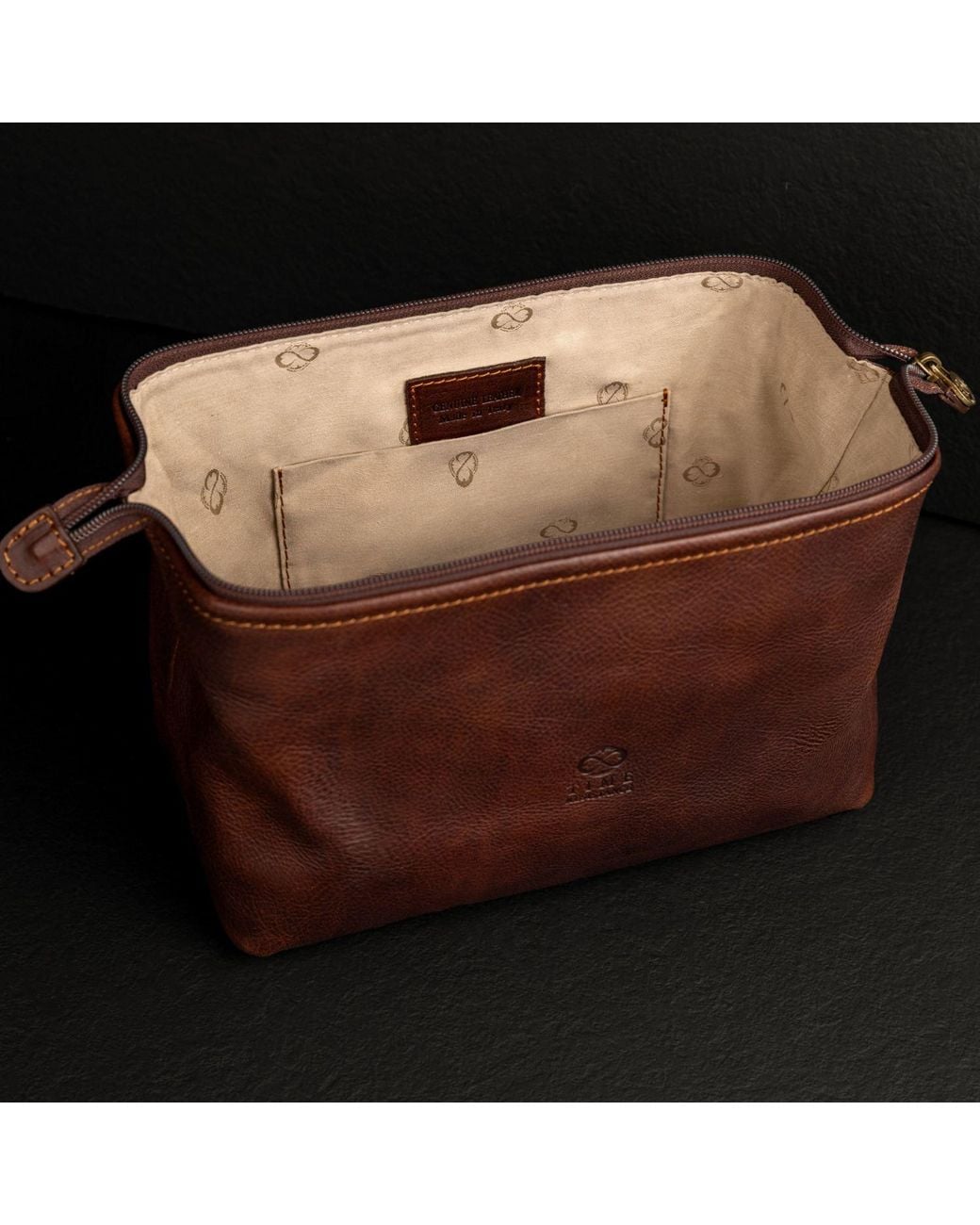 Time Resistance Brown Leather Toiletry Bag For