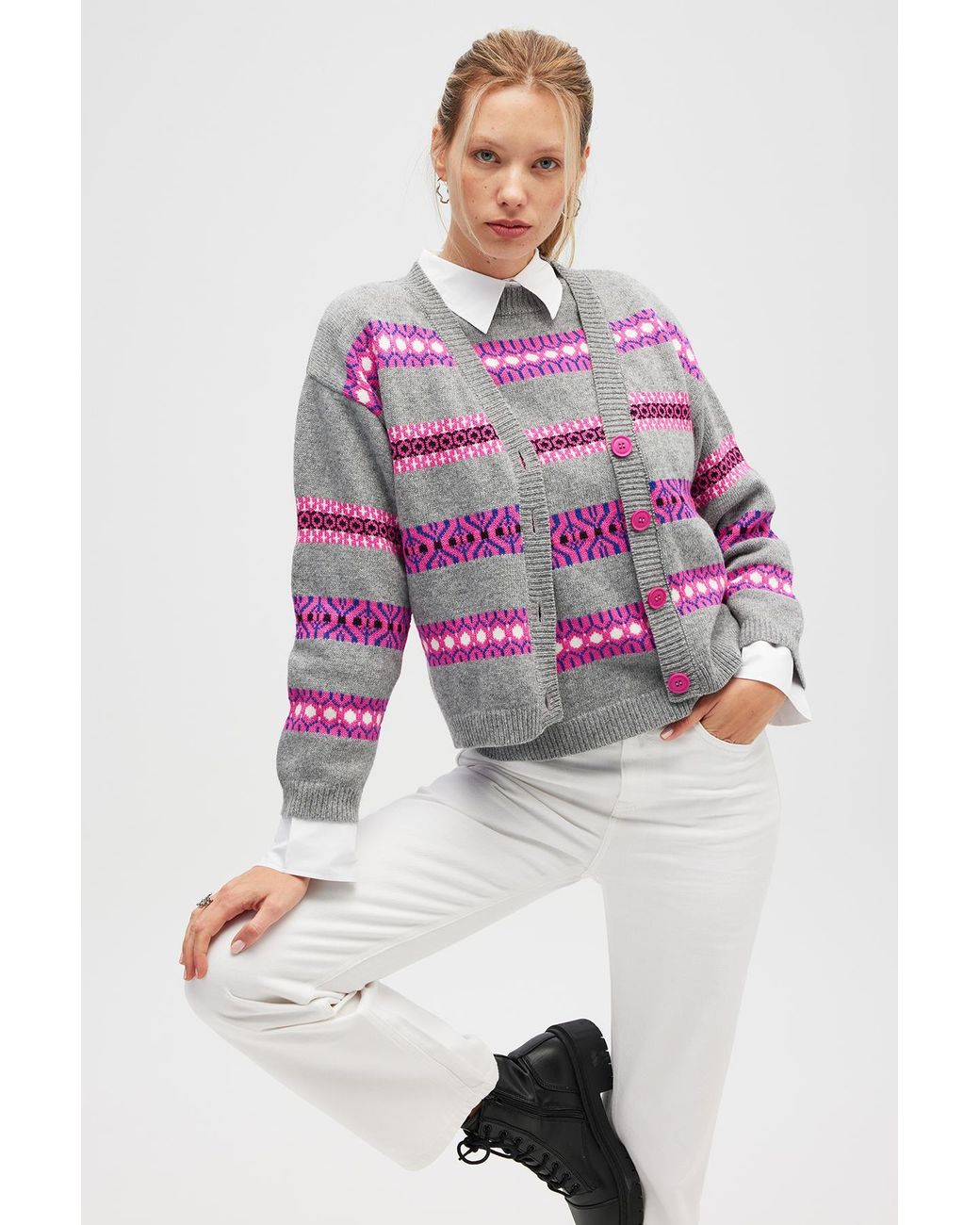 Peraluna Pink Sephora Jacquard Knit Cardigan