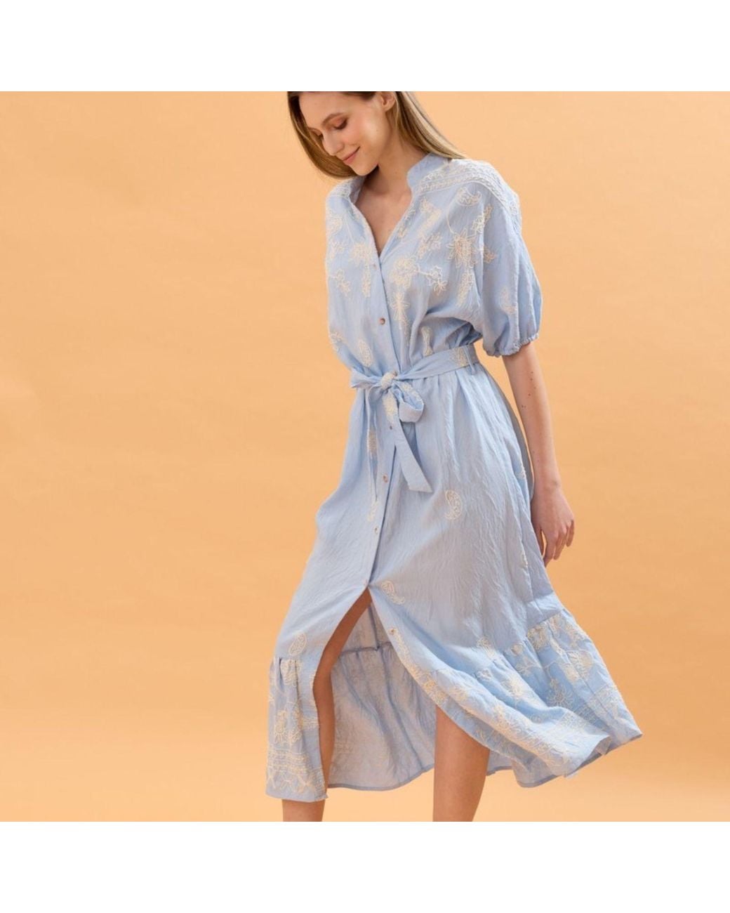 LAtelier London Blue Embroidered Shirt Midi Dress