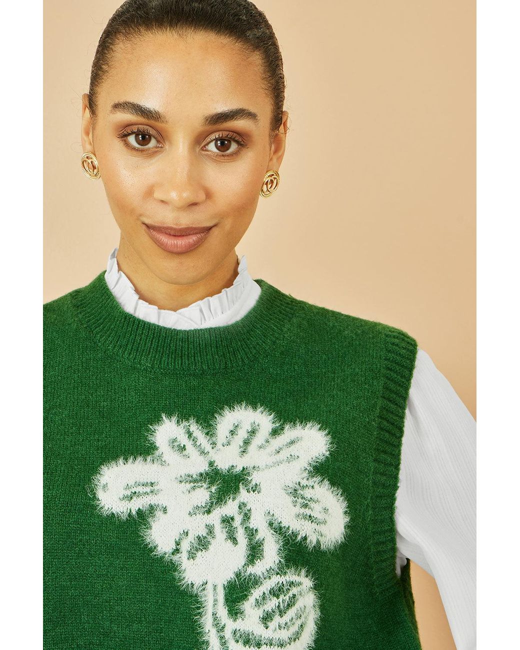 Yumi' Green Knitted Flower Sleeveless Jumper Vest