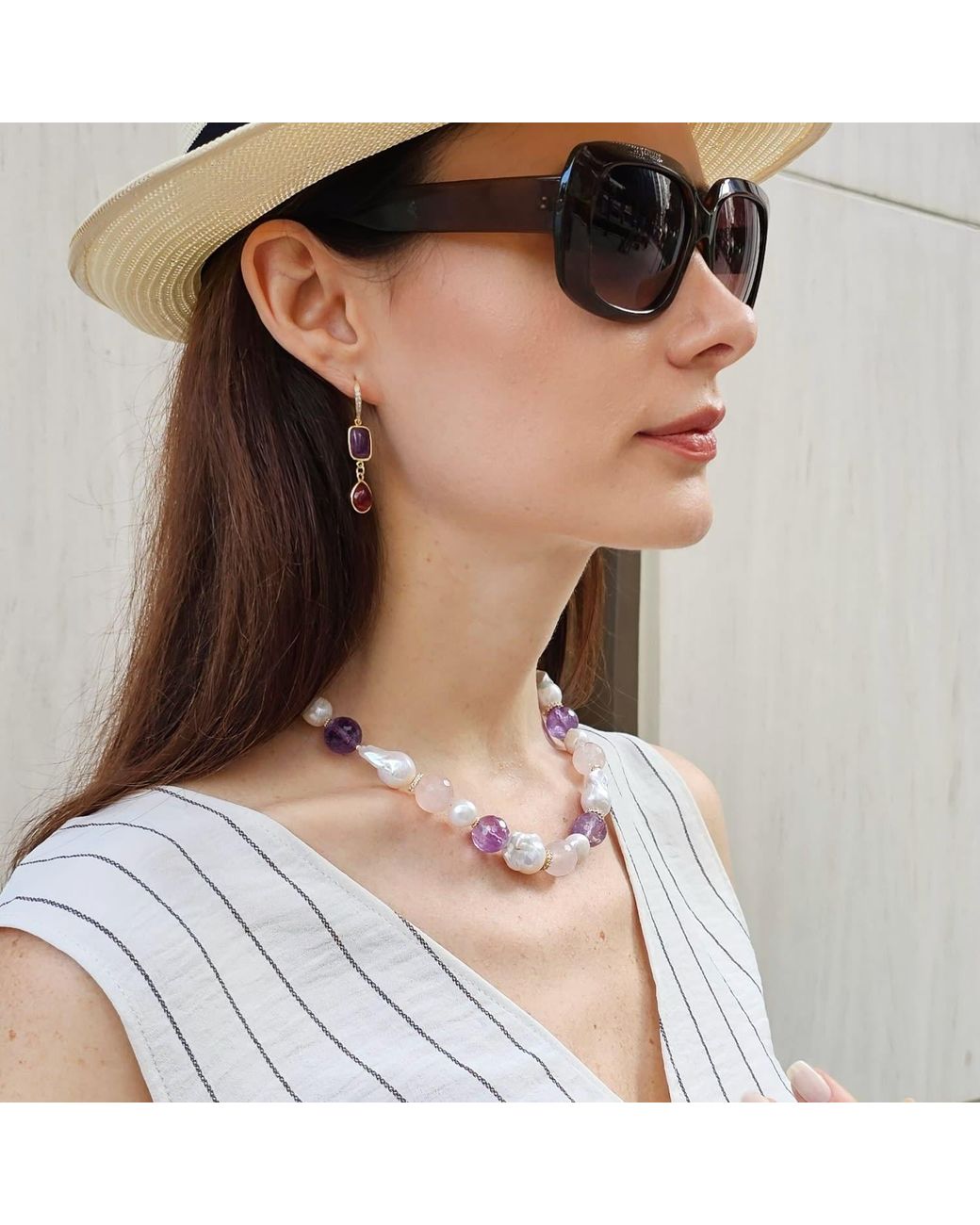 Farra Multicolor Baroque Pearls With Rose Quartz And Amethyst Necklace