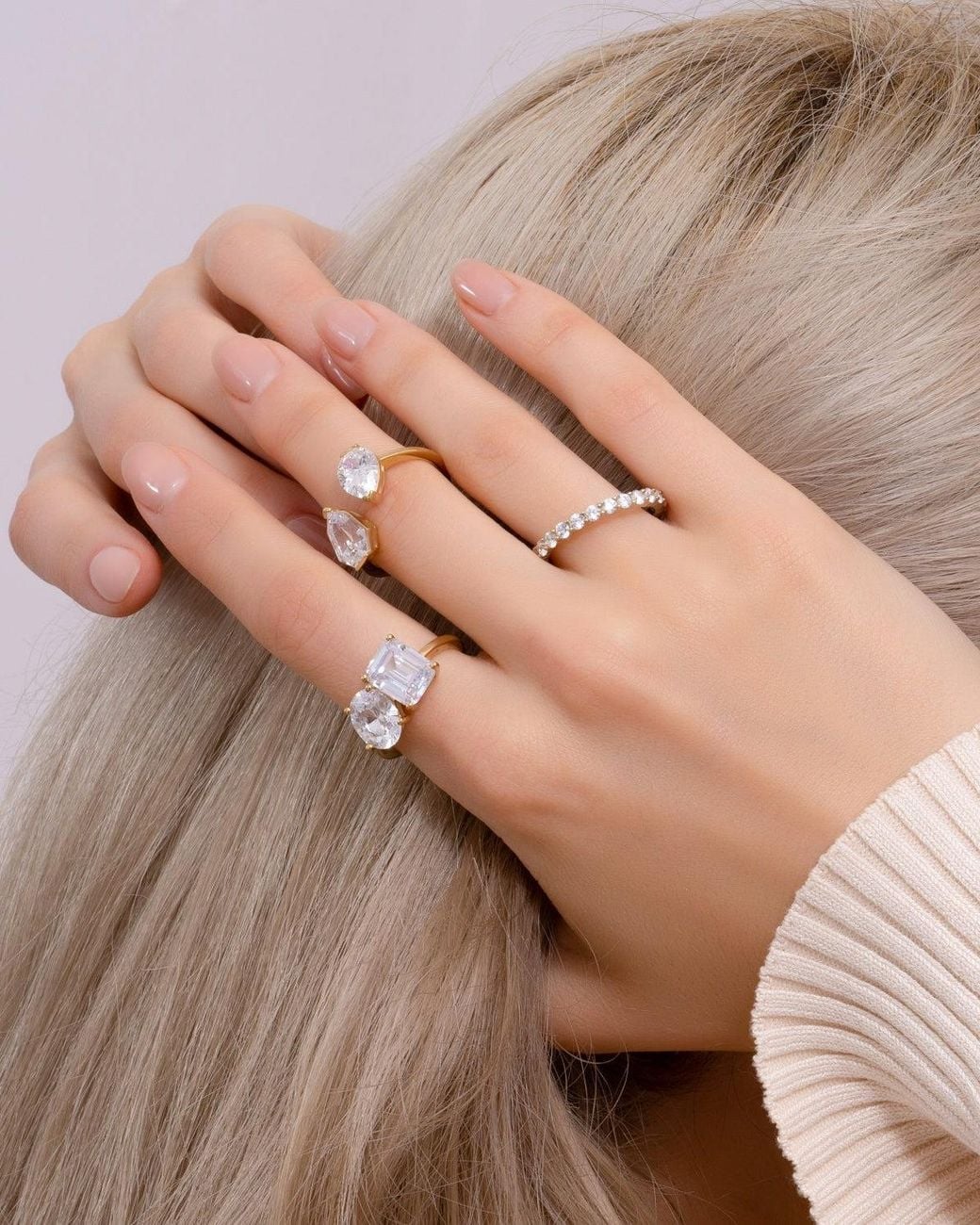 Diamonbliss Metallic Oval & Emerald Cut Two Stones Cocktail Ring