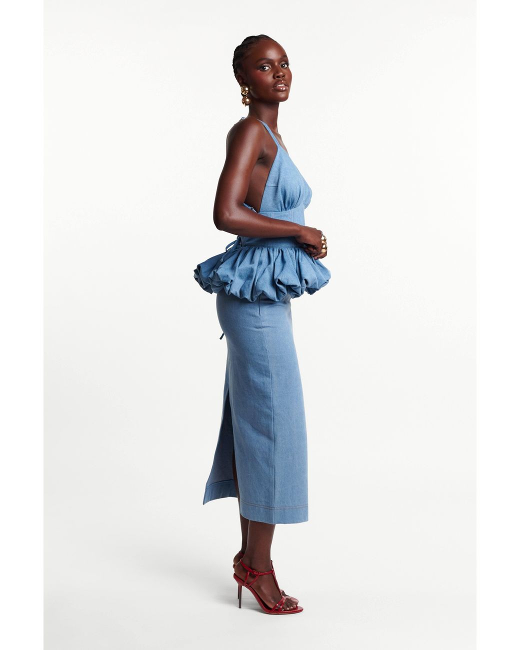 Ofuure Blue Light Denim Adele Peplum Top