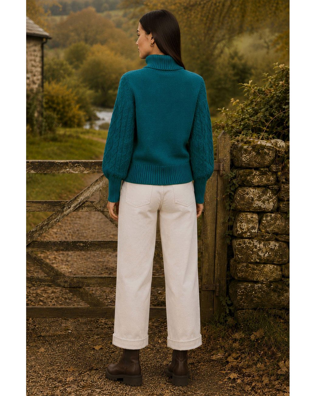 Yumi' Green Cable Knit Roll Neck Jumper