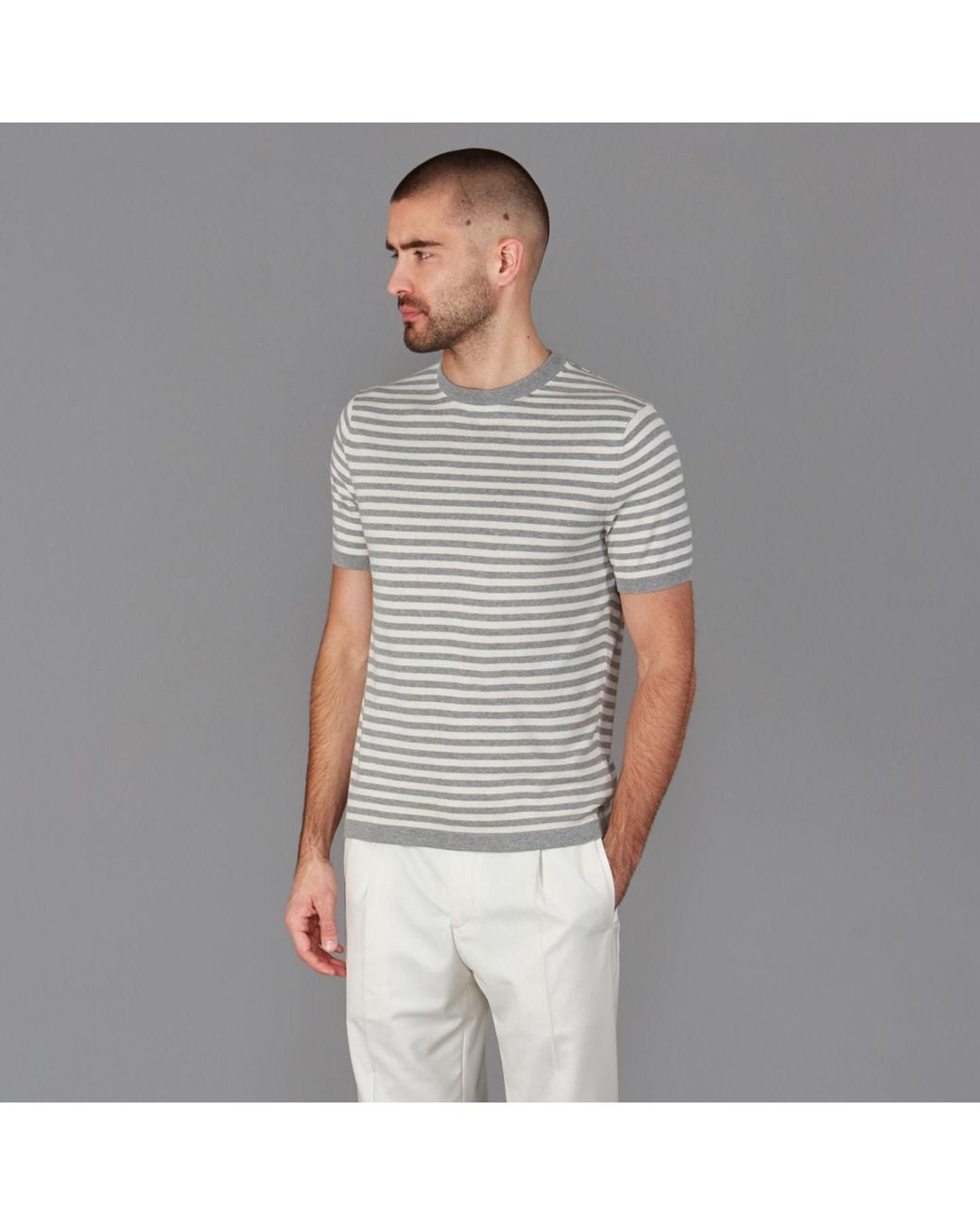 Paul James Knitwear Gray Ultra-Fine Cotton Miguel Knitted Breton T-Shirt for men