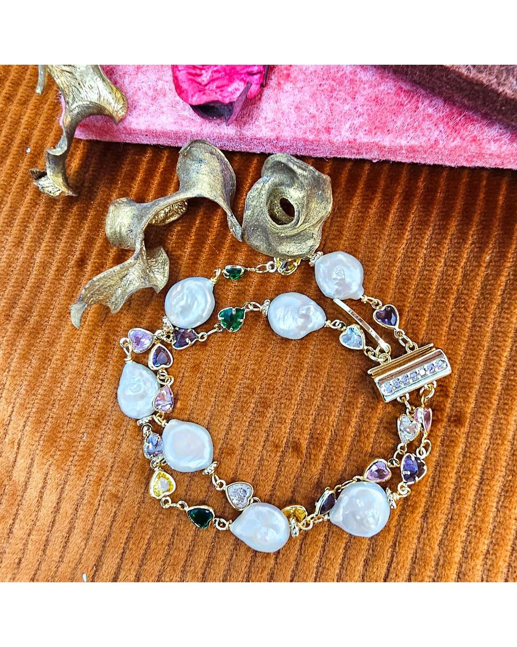 Farra Metallic Colorful Zircon With Irregular Flat Baroque Pearls Double Layers Bracelet