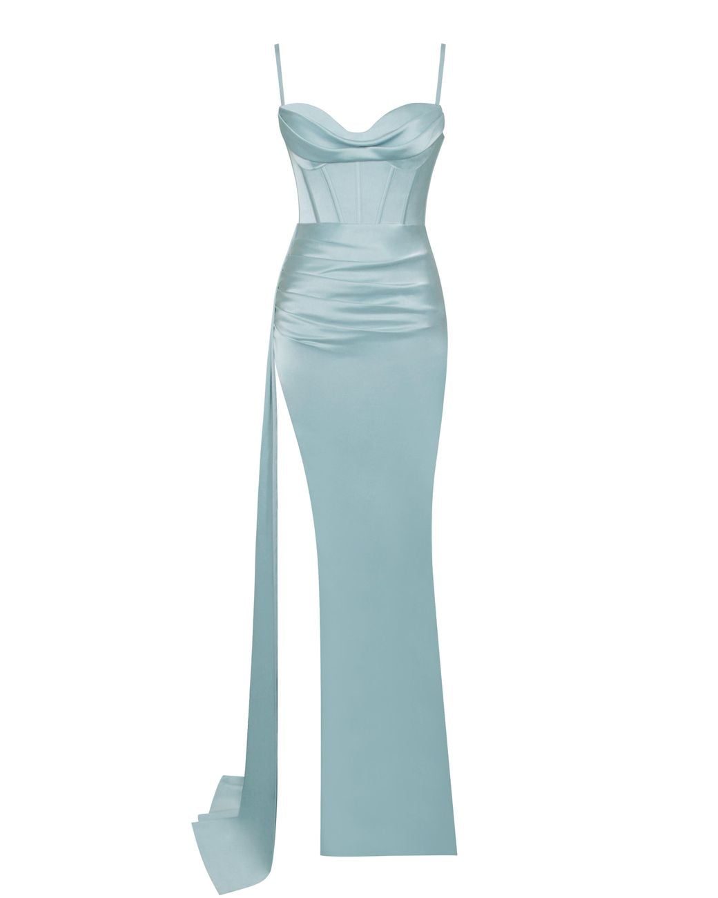 Miss Circle New York Blue Elayna Pale Strappy Satin Corset High Slit Gown