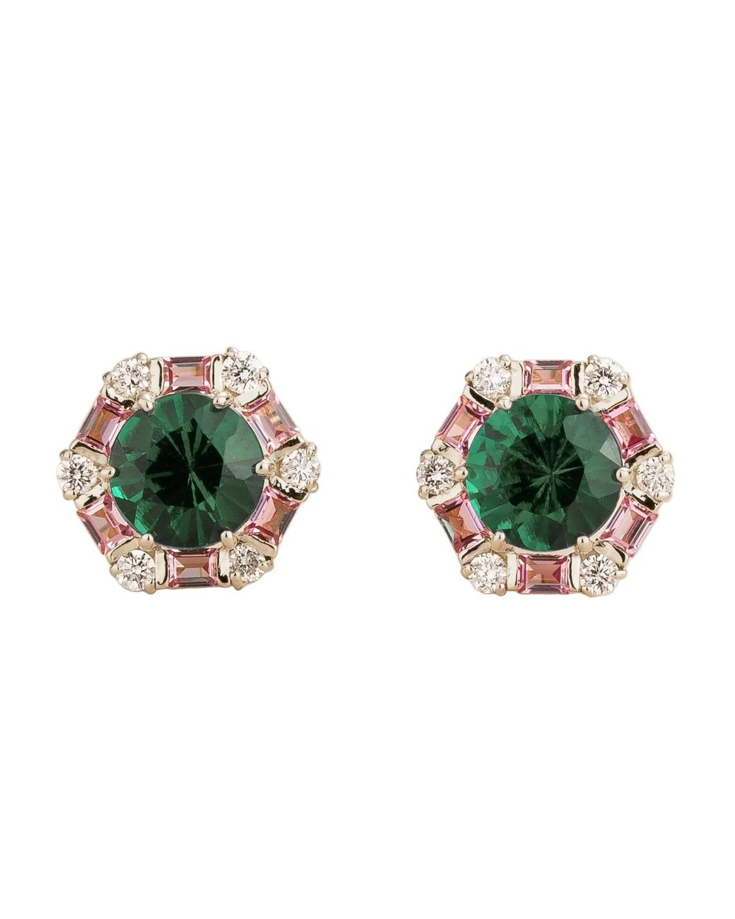 Juvetti Green Melba Emerald, Sapphire & Diamond Halo Hexagon Stud Earrings