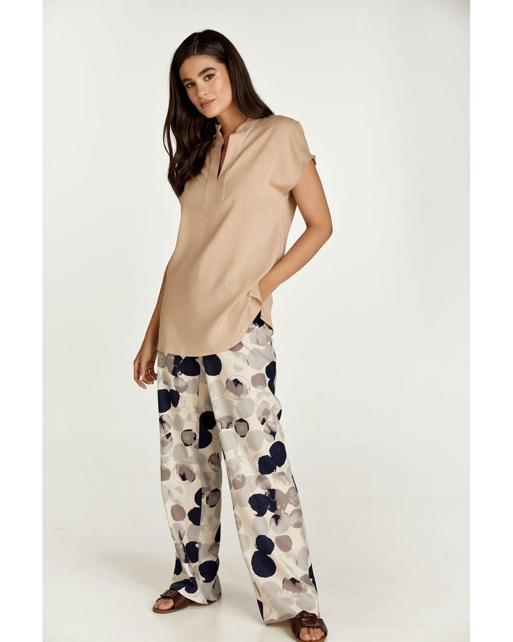 Conquista White Print Linen Style Wide Leg Pants