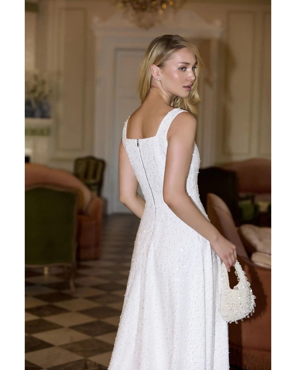 POST MERIDIEM White Midi Dress Embroidered With Sequins And Beads