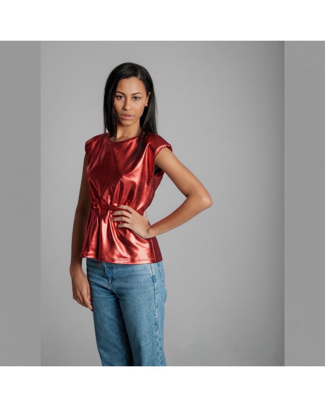Imaatu Red Bowie Glam Metallic Faux Leather Shoulder Pad Top