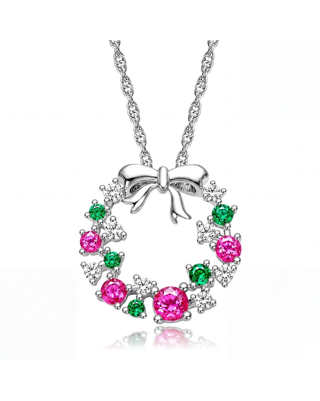 Genevive Jewelry Pink Plated With Colored Cubic Zirconia Wreath Shaped Christmas Pendant Necklace