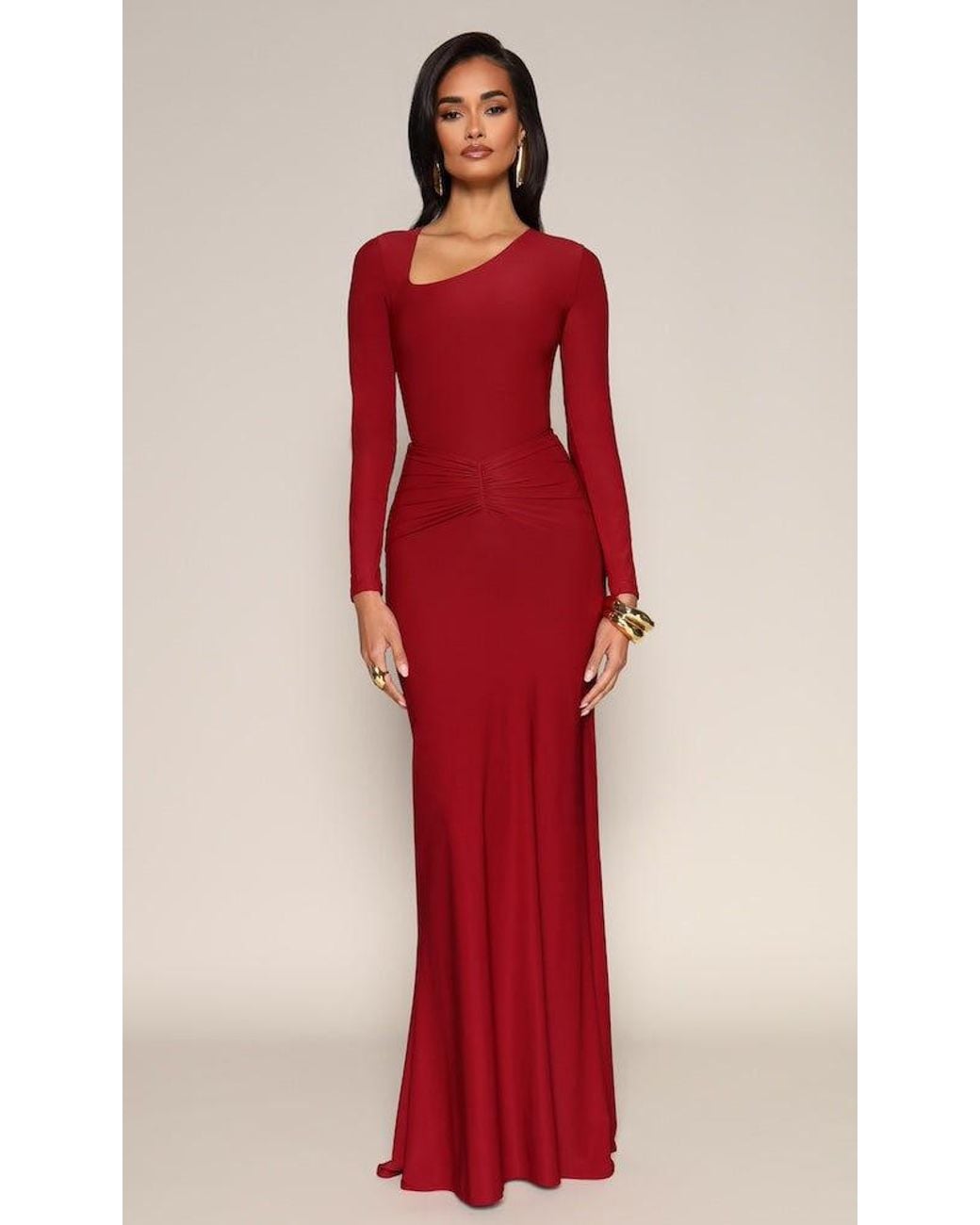Moda Glam Red Asymmetrical Bodysuit- Burgundy