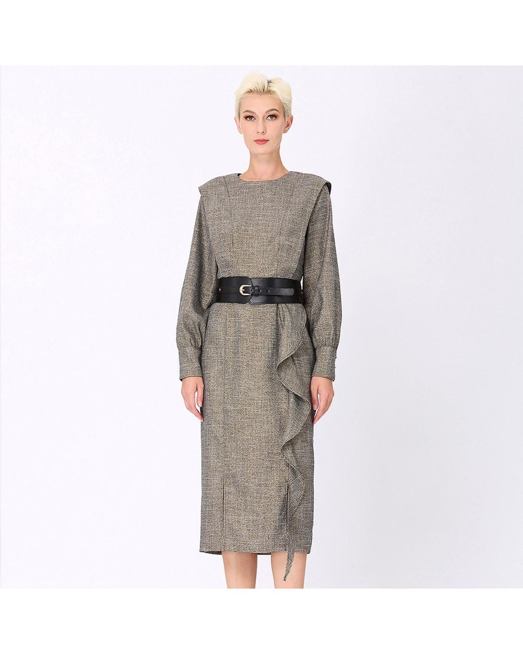 Smart and Joy Gray Tailor Dress With Wide Shoulder And Vertical Ruffle