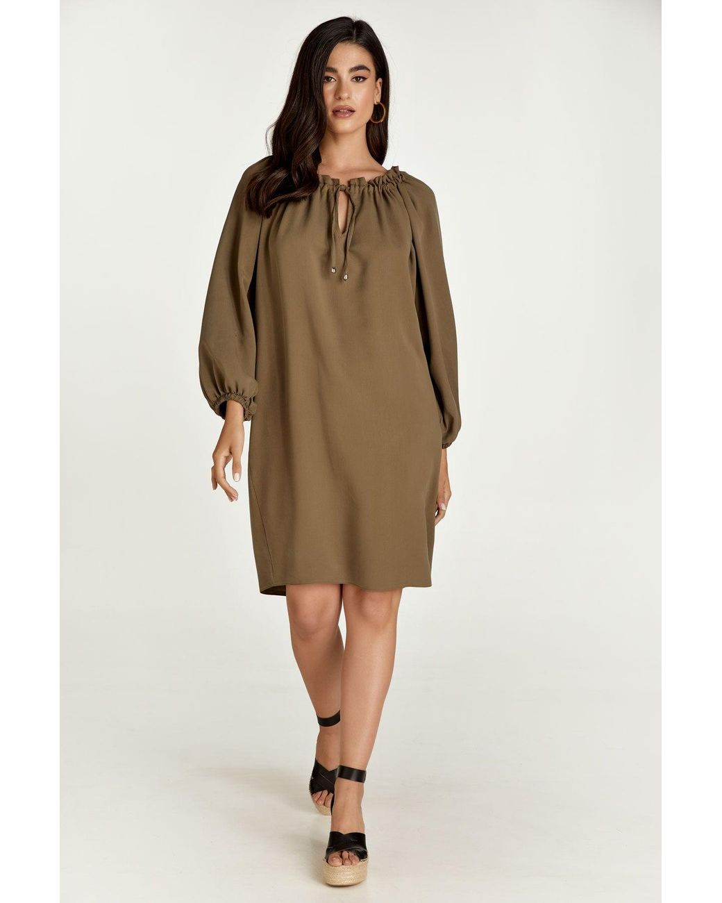 Conquista Gray Belted Colour Dress With Pockets