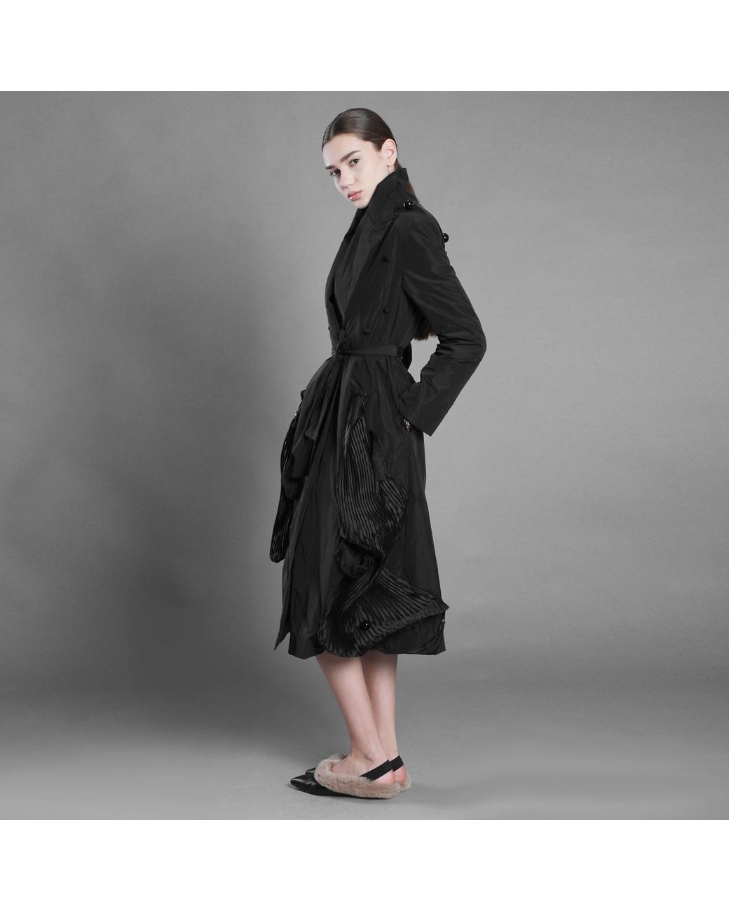 Silvia Serban Black Metallic Thread Taffeta Trench Dress