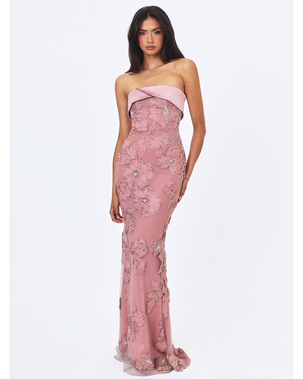 Miss Circle New York Purple Raphaela Dusty Beaded Floral Strapless Mermaid Maxi Dress