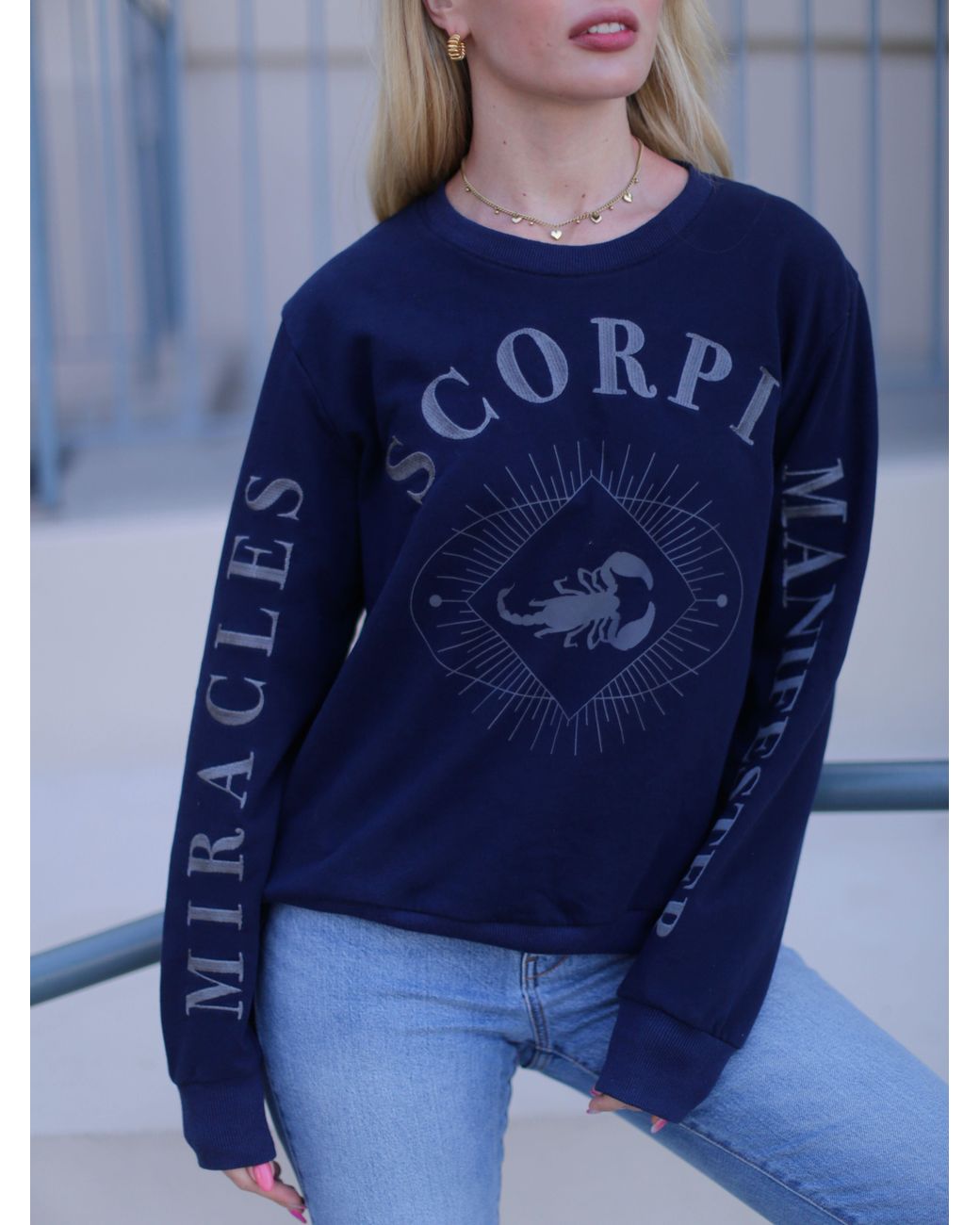 Miracles Manifester Blue Oversized Embroidered Scorpio Sign Sweatshirt