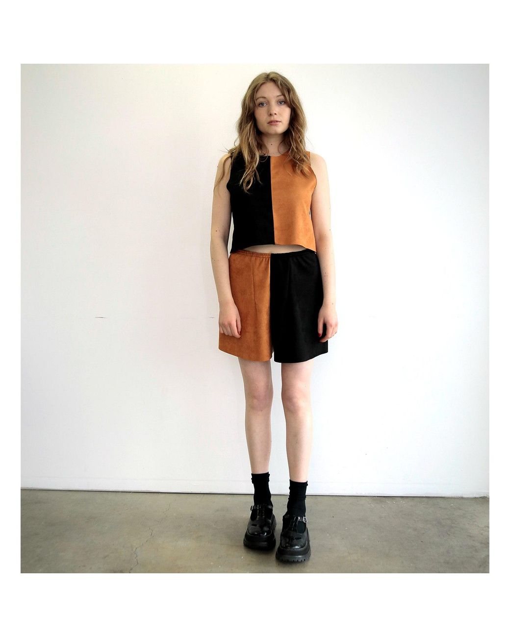 By Noa Rawitz Black Ultra Suede Sleeveless Color Blocked Top- And