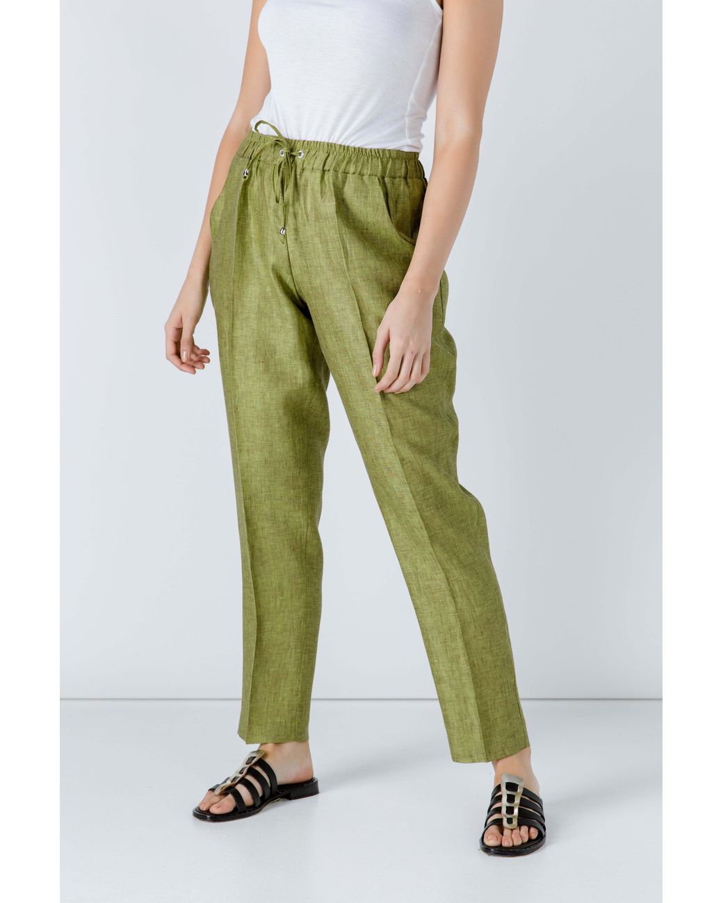 Conquista Green Linen Drawstring Pants
