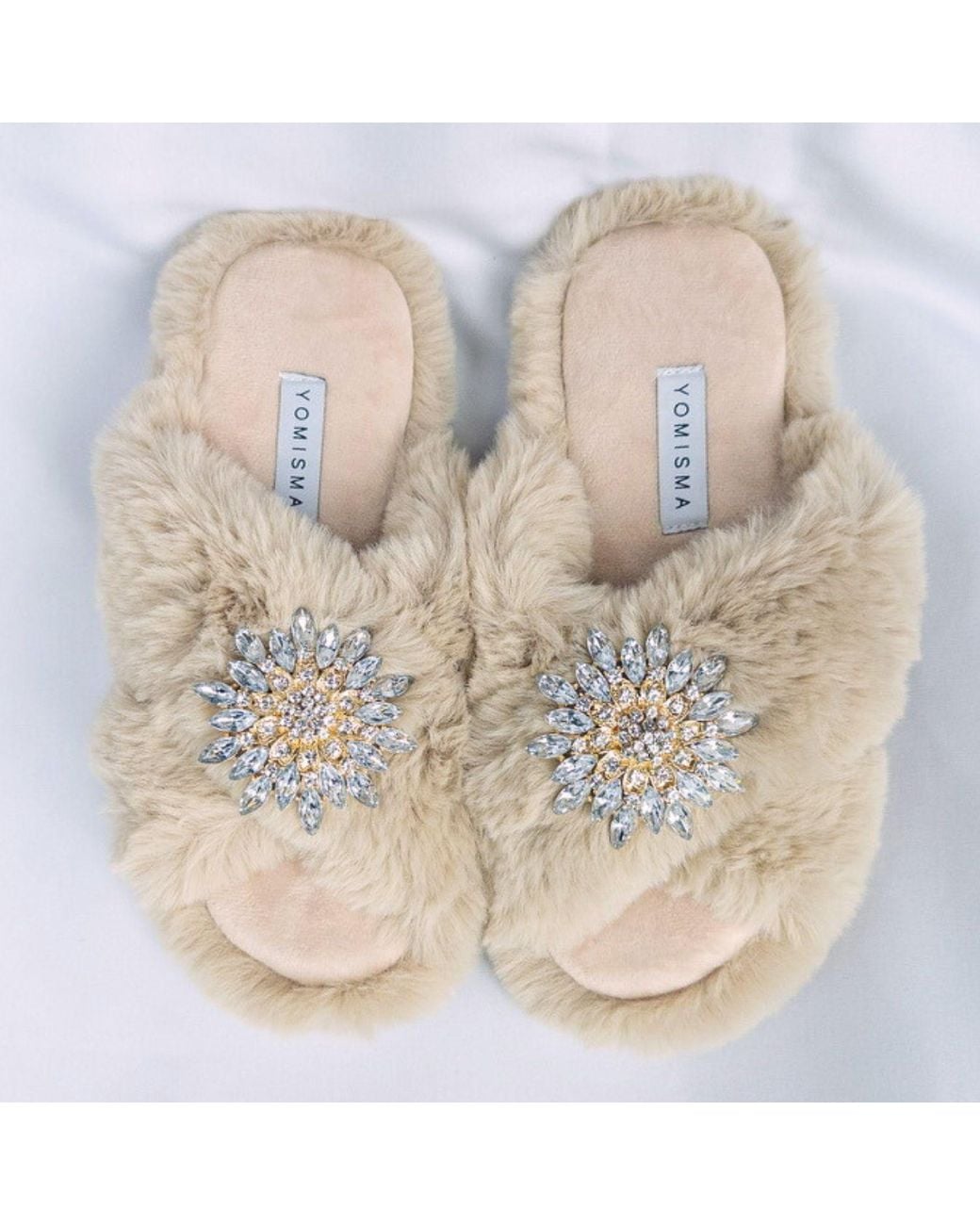 Yomisma Natural Neutrals Eco Faux Fur Slippers – Recycled Faux Fur + Clear Brooch Embellishment