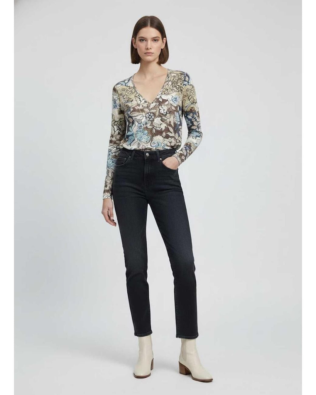 Conquista Green Floral Print V-Neck Long-Sleeve Top