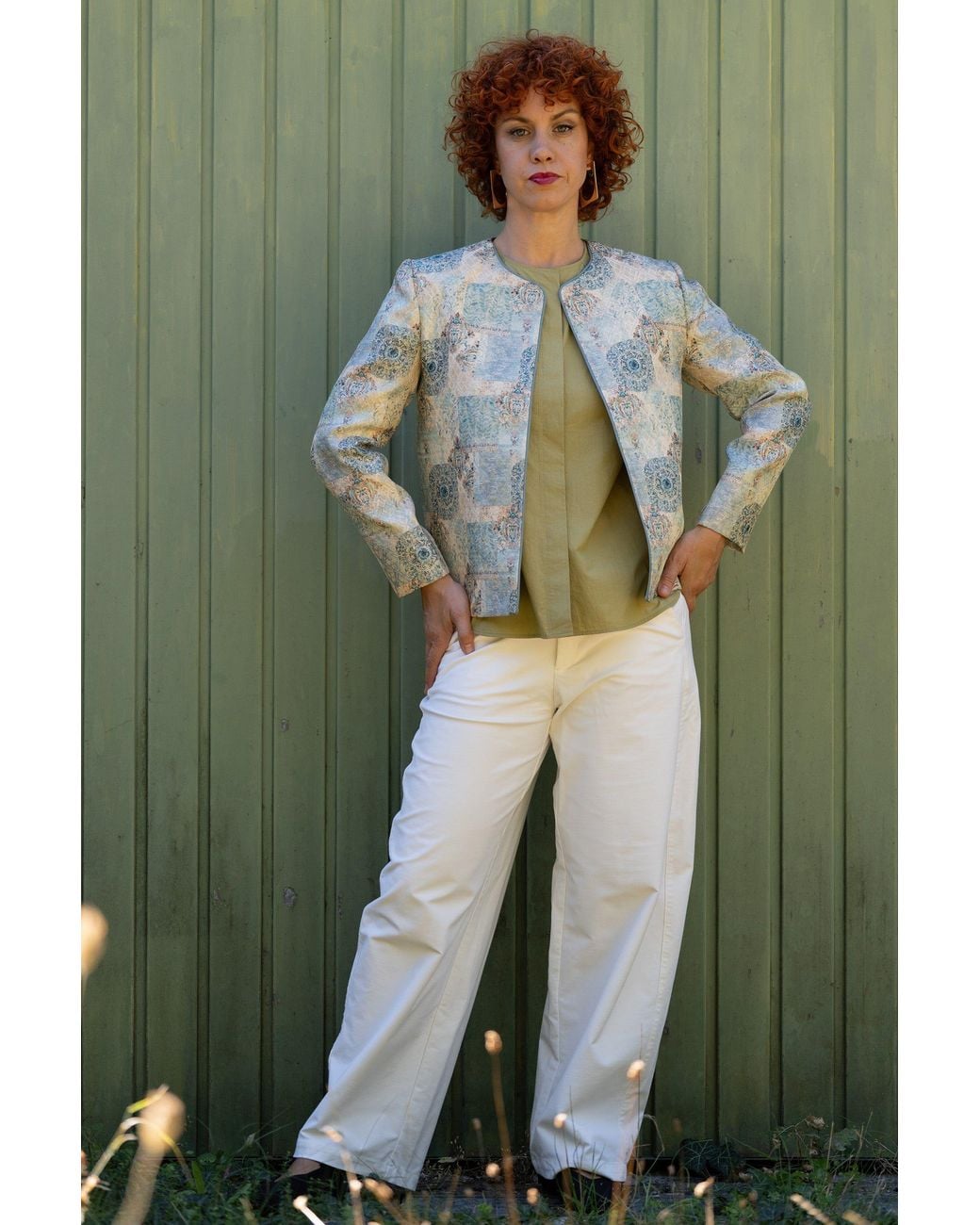 Stovaria Blue Ivory Silk-Cotton Jacquard Statement Jacket