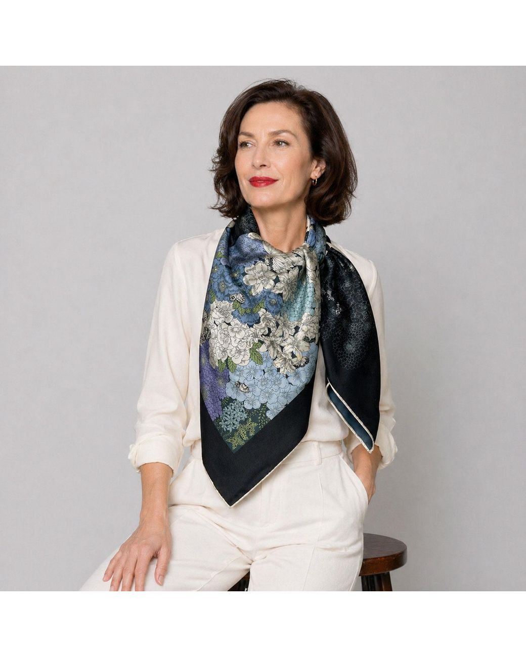 Wenzi Gray Patchwork Of Dreams Hand Painted Pattern Double Sided Silk Twill Scarf