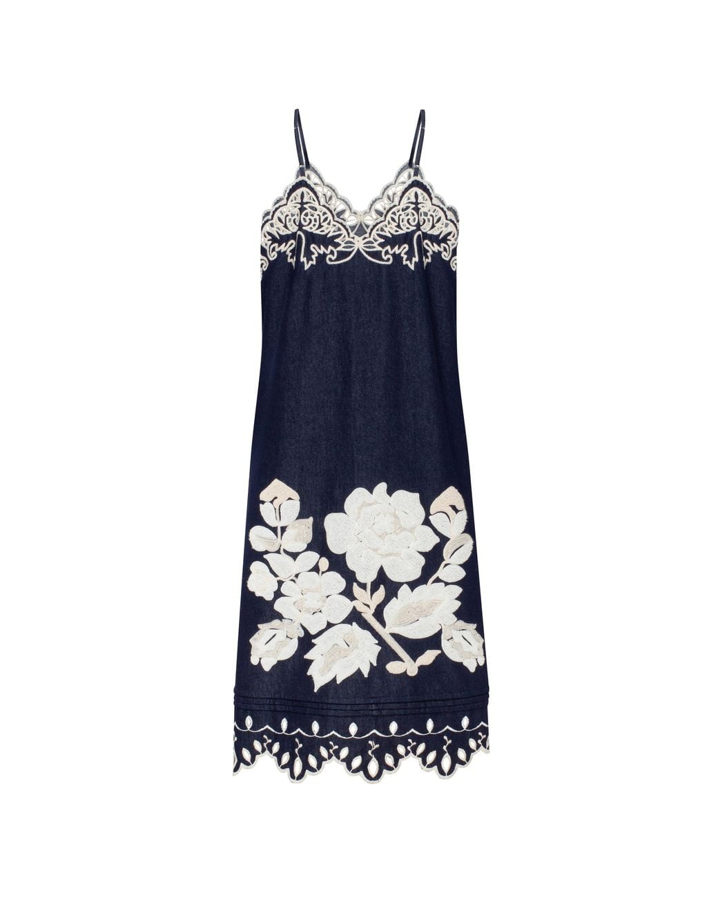 Annabo Blue Amber Rose Embroidered Denim Midi Sundress