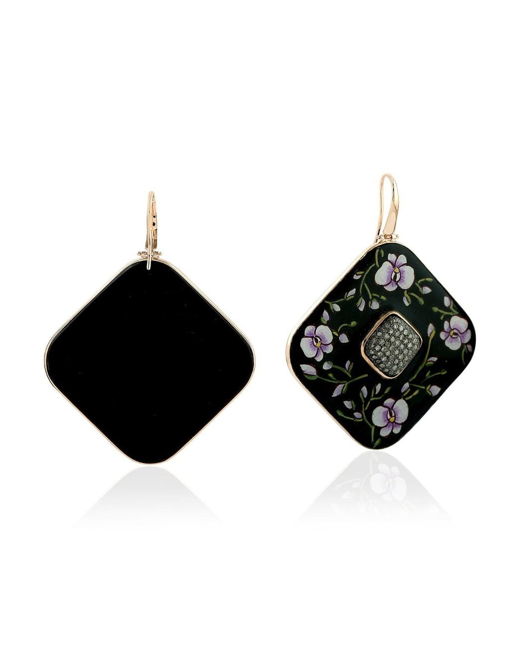 Artisan Black 18K, Bakelite, Enamel & Diamond Floral Drop Earrings