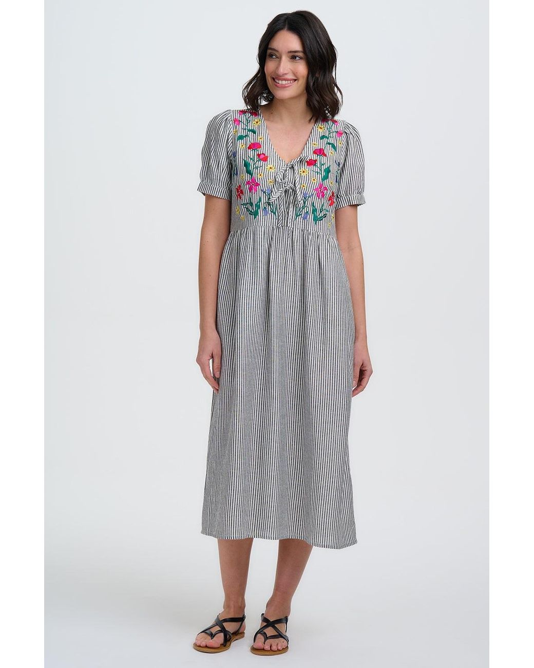 Sugarhill Gray Ruby Midi Smock Dress Monochrome Stripe, Garden Floral