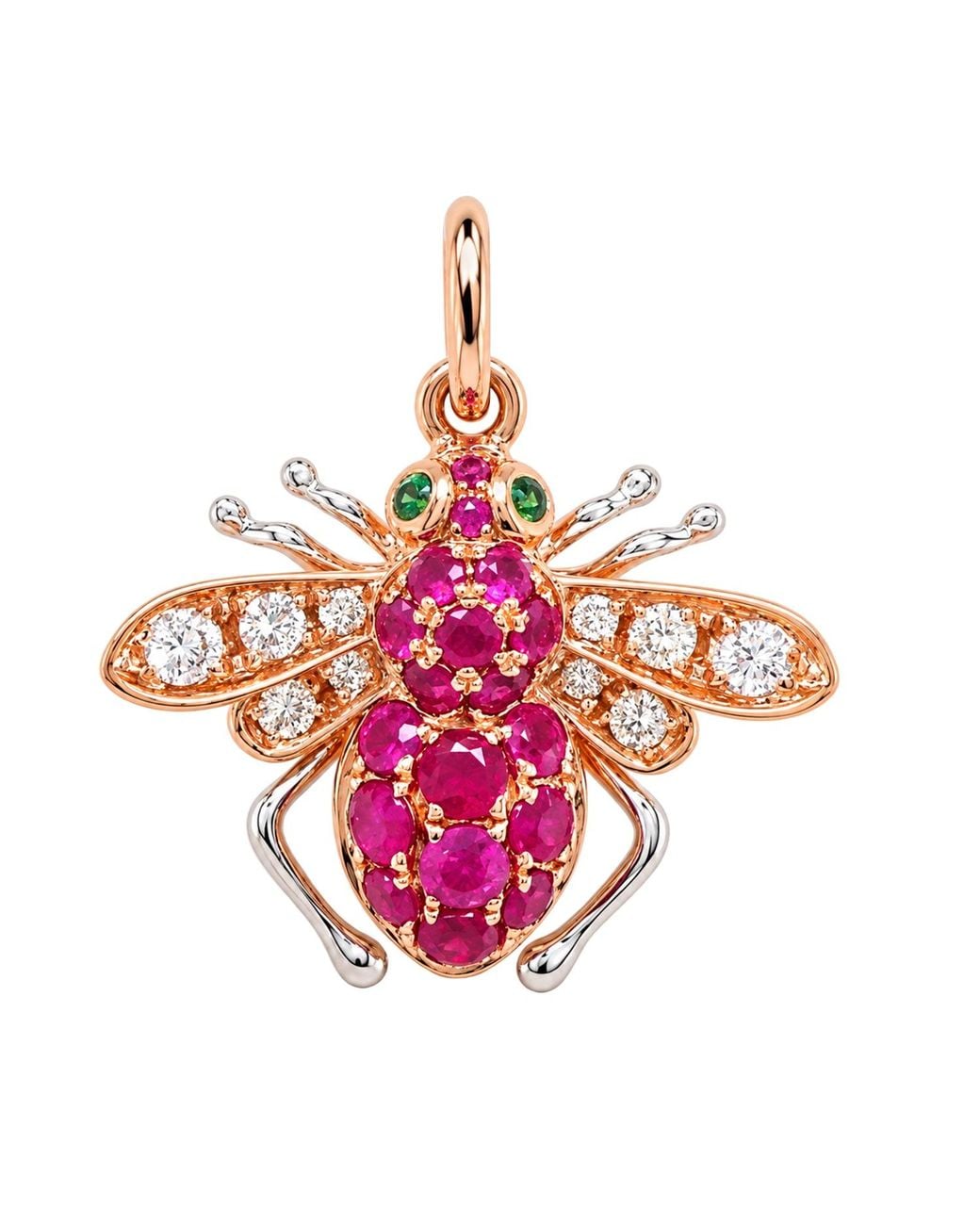 Artisan Pink Rose 18K Rose & Garnet, Ruby & Diamond Bee Pendant