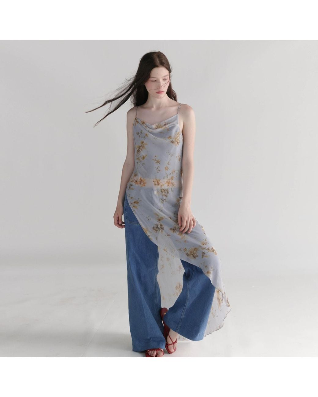 Belsize25 Gray Dahlia Series – Celeste Floral Mulberry Silk Asymmetric Cowl-Neck Long Camisole