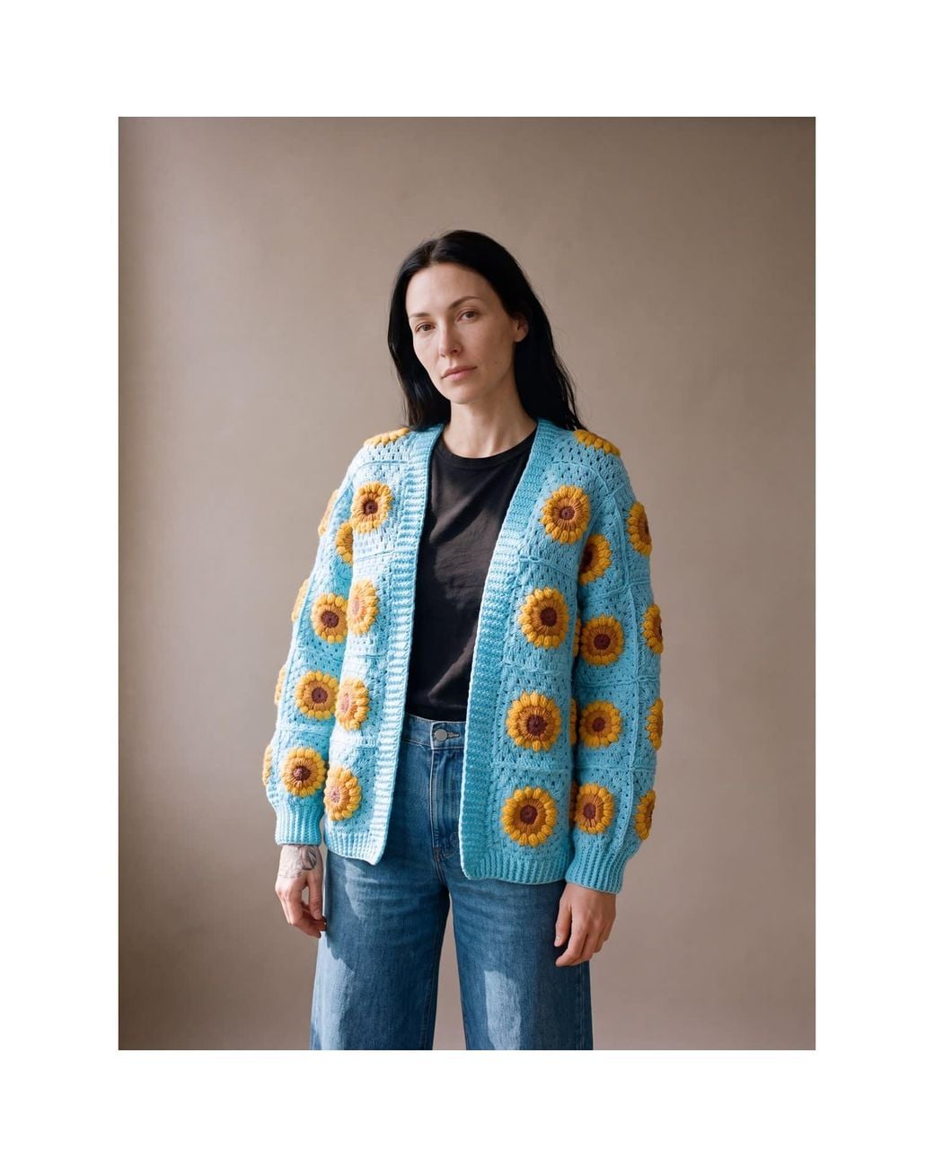 Ana Chic Blue Sunflower Granny Square Handmade Crochet Cardigan