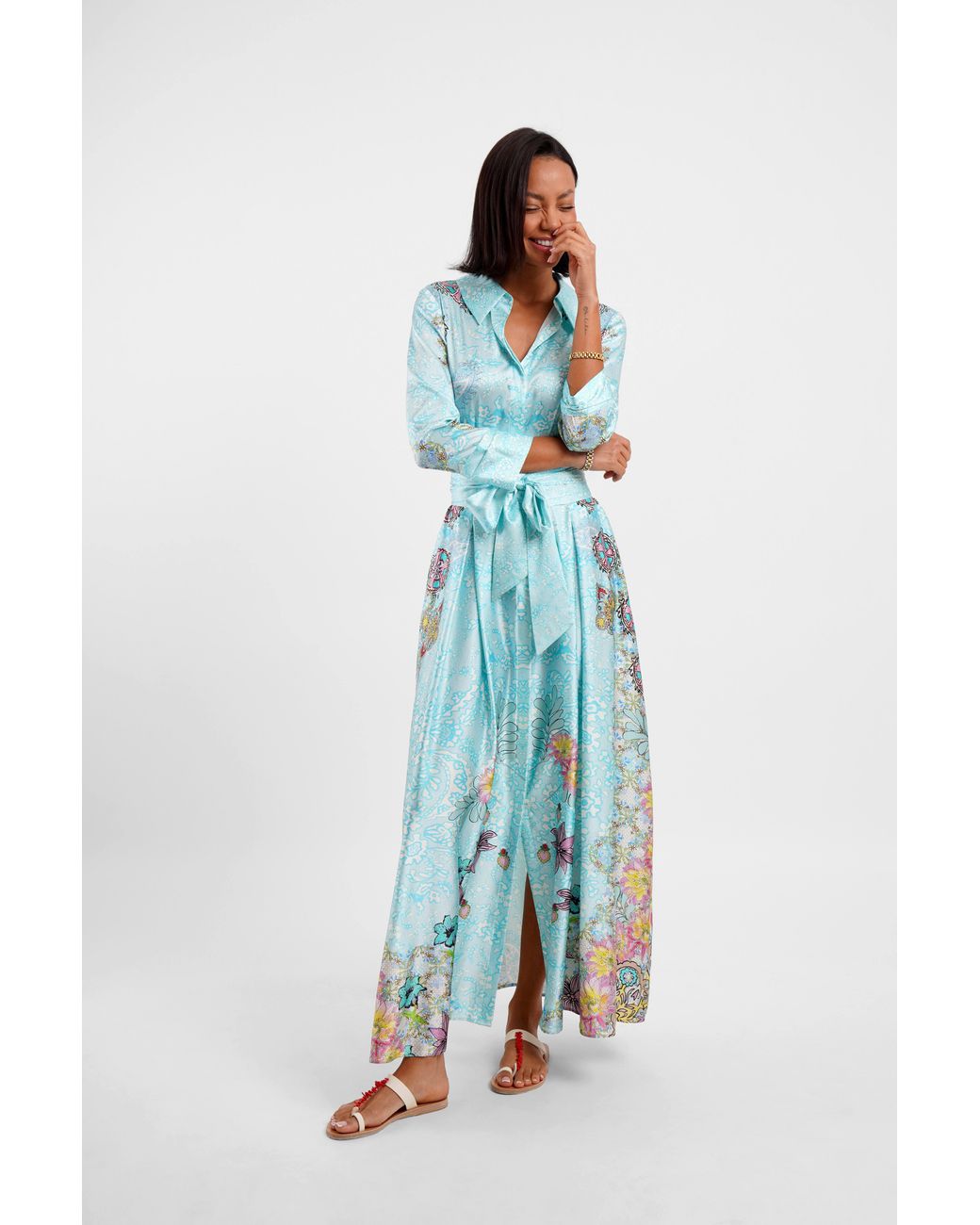 Jessica Russell Flint Blue Belted Maxi Shirt Dress Floral Medley