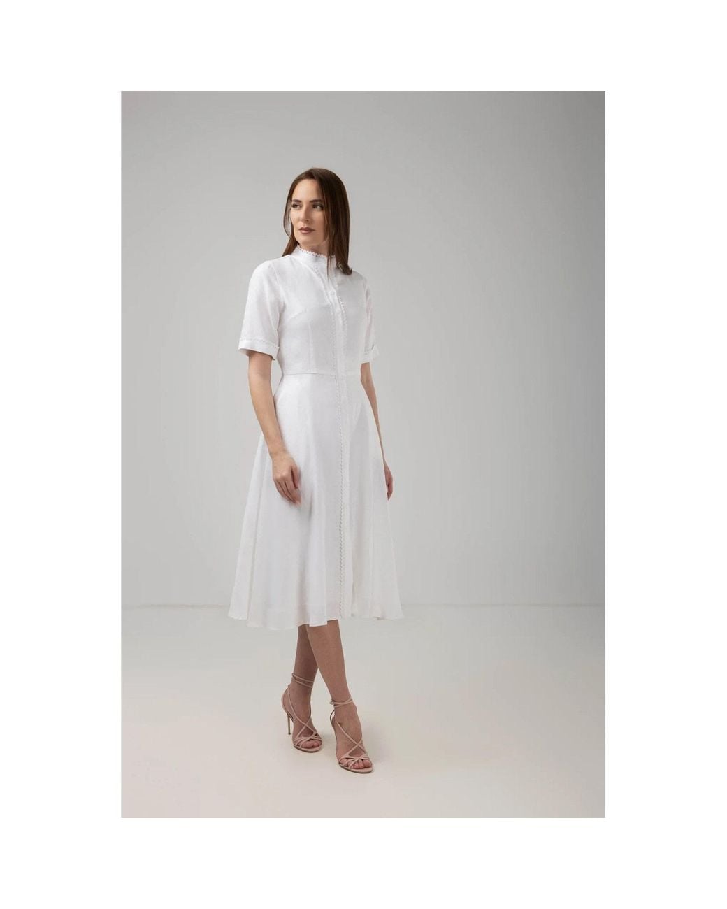 IZABELA MANDOIU Gray Elegant Linen Lace Trim Midi Dress