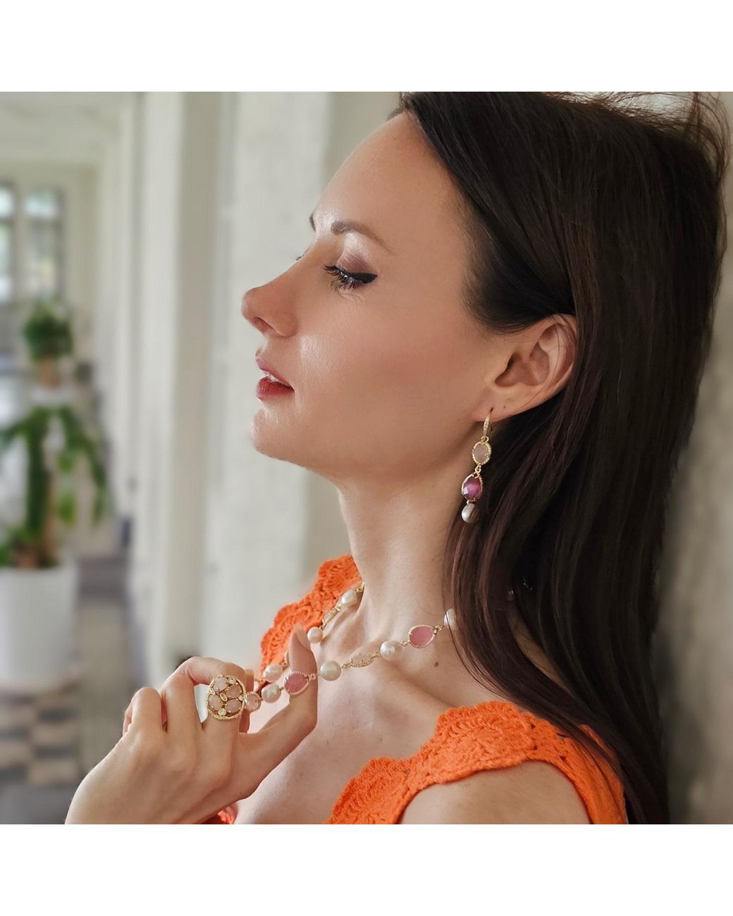 Farra Pink Rose Quartz With Pearls Feminine Dangle Earrings