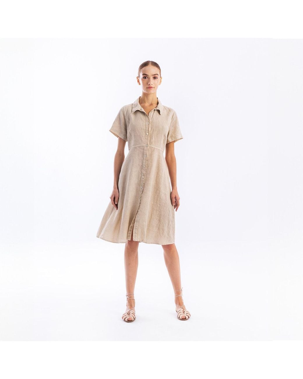 Haris Cotton Natural Neutrals Midi Linen Short Sleeve Button Front Shirt-Dress