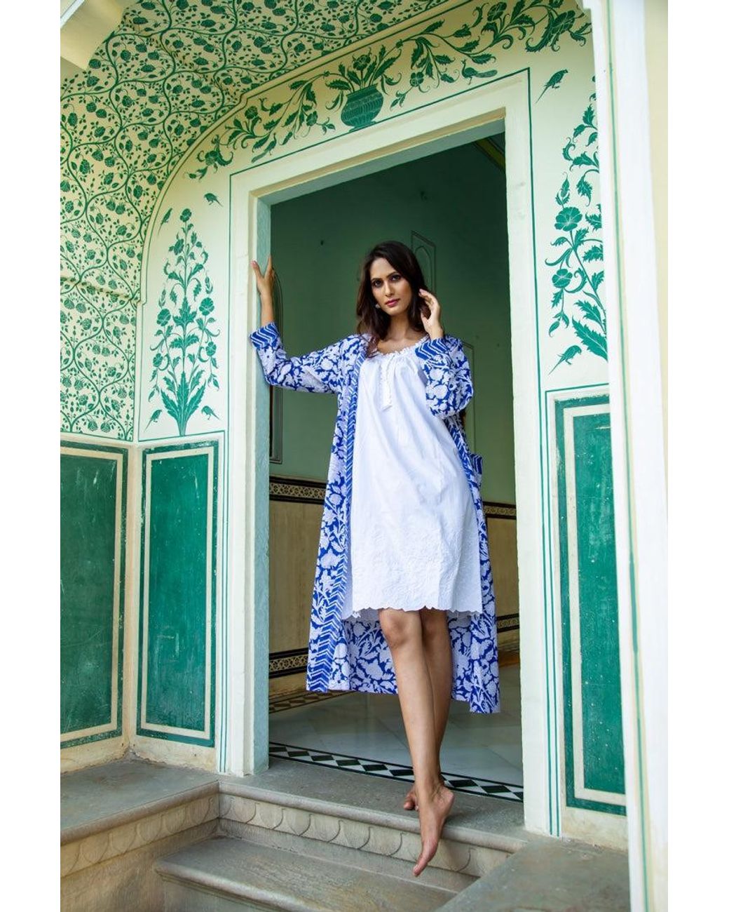 NoLoGo-chic Blue Hand Printed Kimono Robe China Cotton