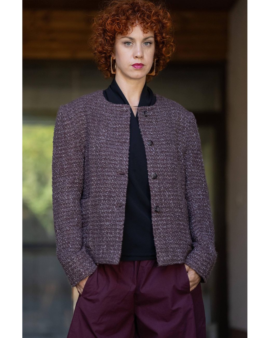 Stovaria Purple Handwoven Textured Wool Winter Jacket