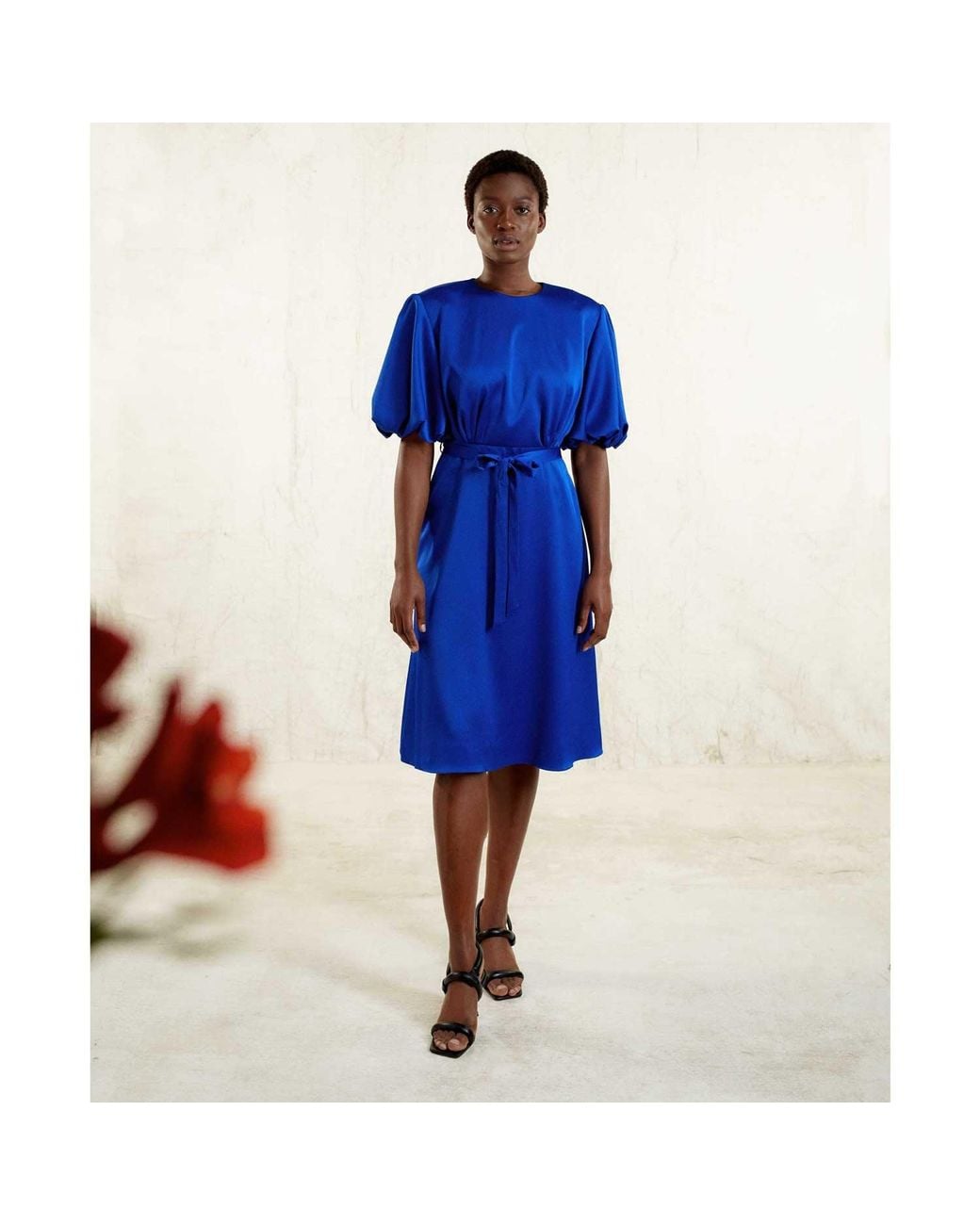 Femponiq Blue Draped Puff Sleeve Satin Dress