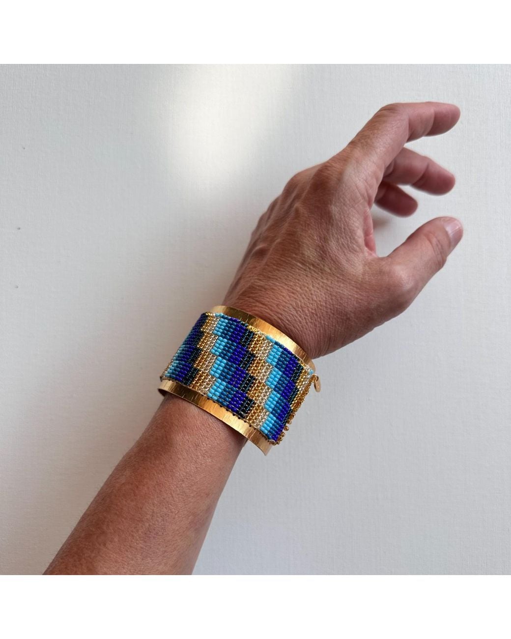 Iliana Arrazola Blue Minimalist Deconstructed Cuff Bracelet, Glass Beads, Beaded Jewelry