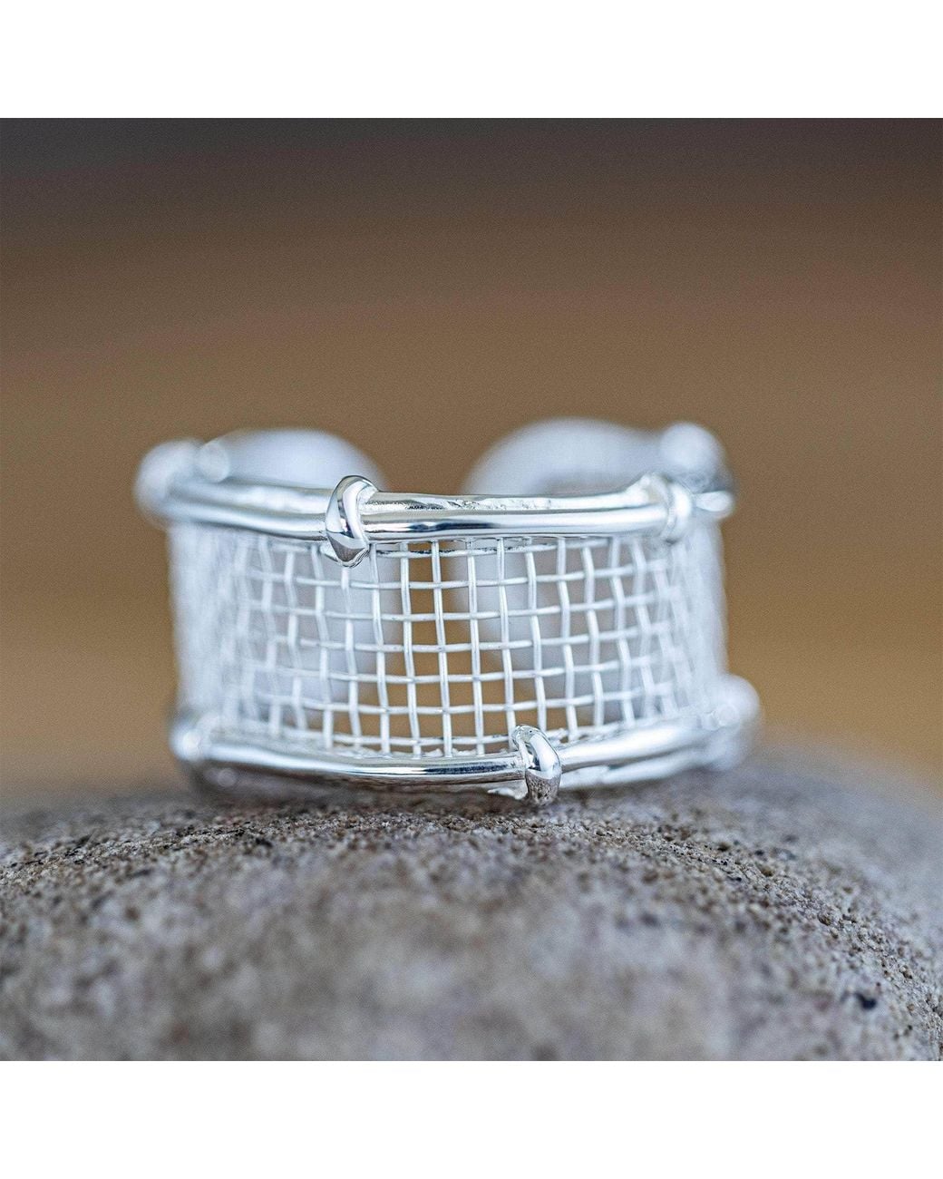German Kabirski White Netta Minimalist And Titanium Mesh Adjustable Open Band Ring