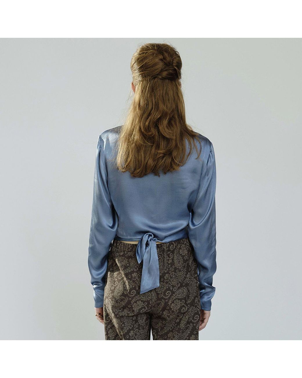 Belsize25 Blue Dusty Satin Draped Wrap Blouse