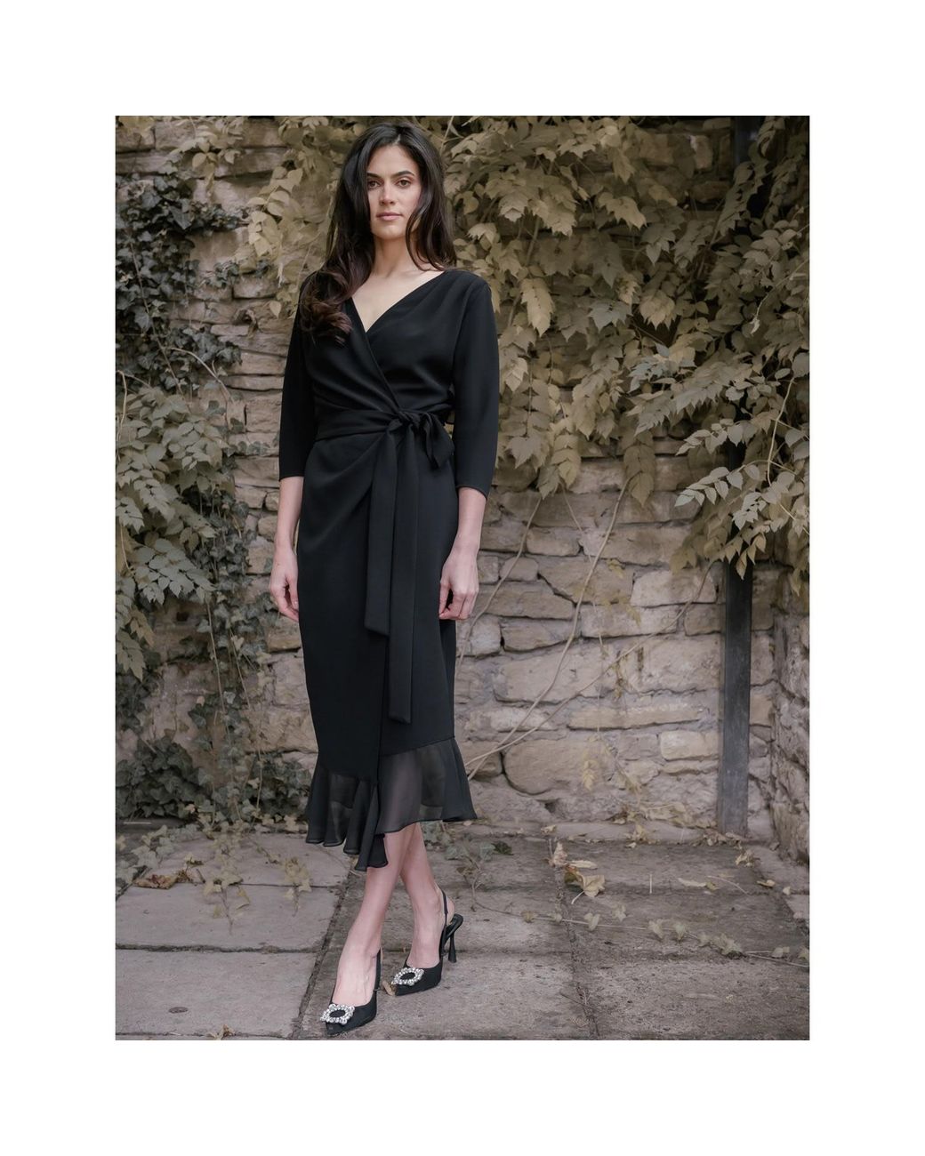 concept A trois Black Wrap Dress With Silk Ruffles