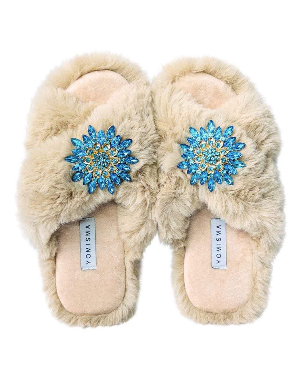 Yomisma Blue Neutrals Eco Faux Fur Slippers – Recycled Faux Fur + Removable Brooches