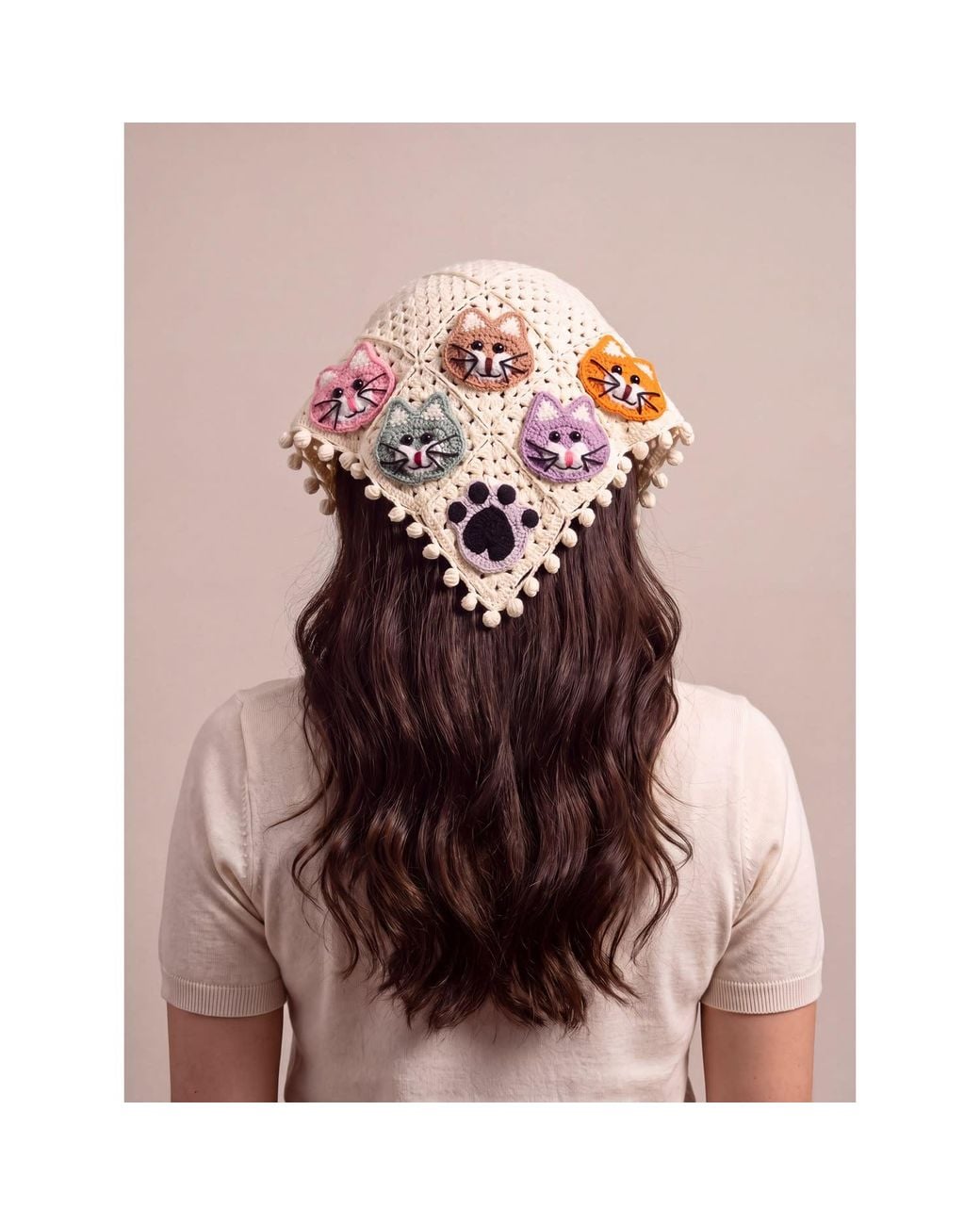 Ana Chic Pink Neutrals Cat Face Handmade Crochet Bandana Set