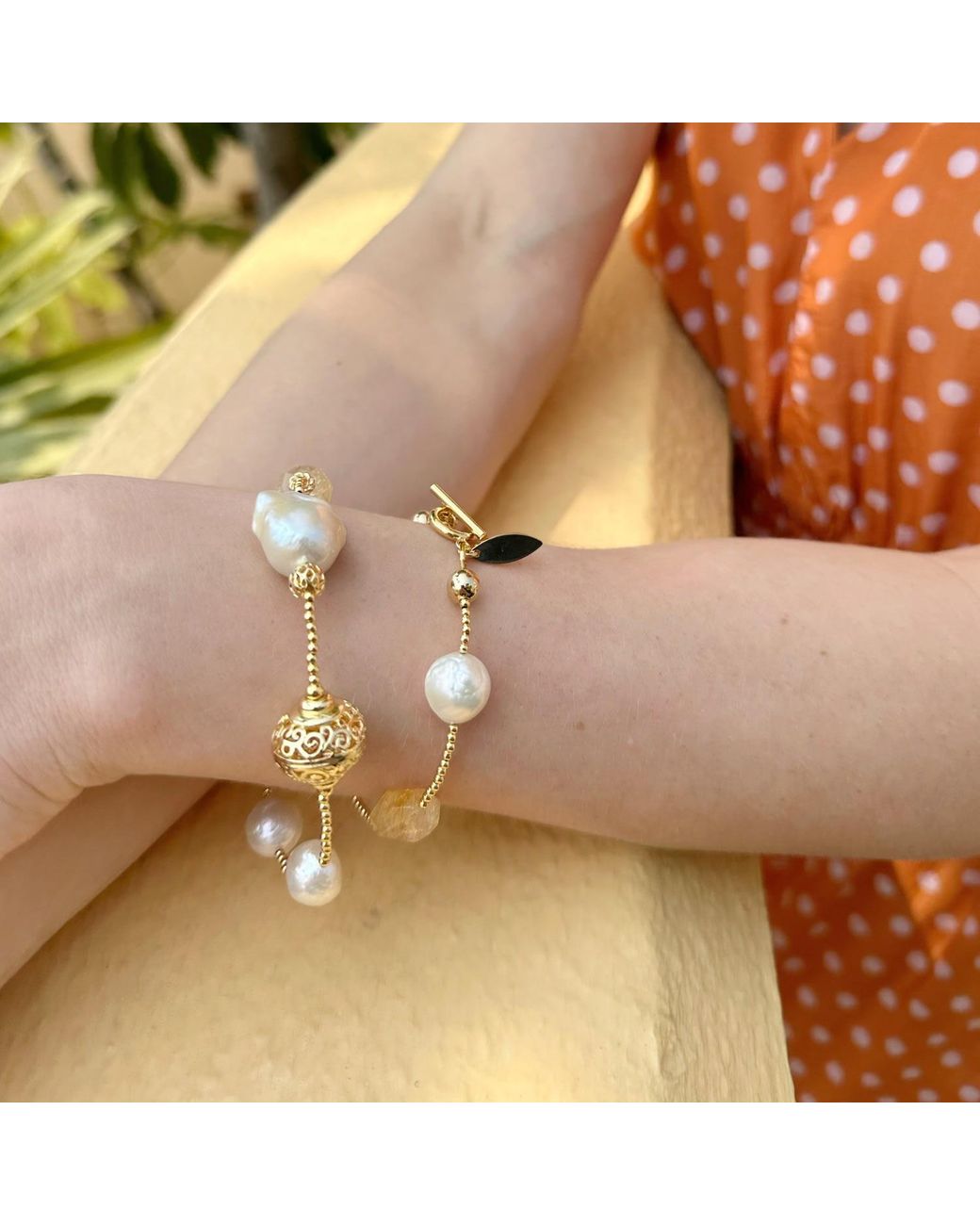 Farra Metallic Citrine With Freshwater Pearls Double Wrapped Bracelet